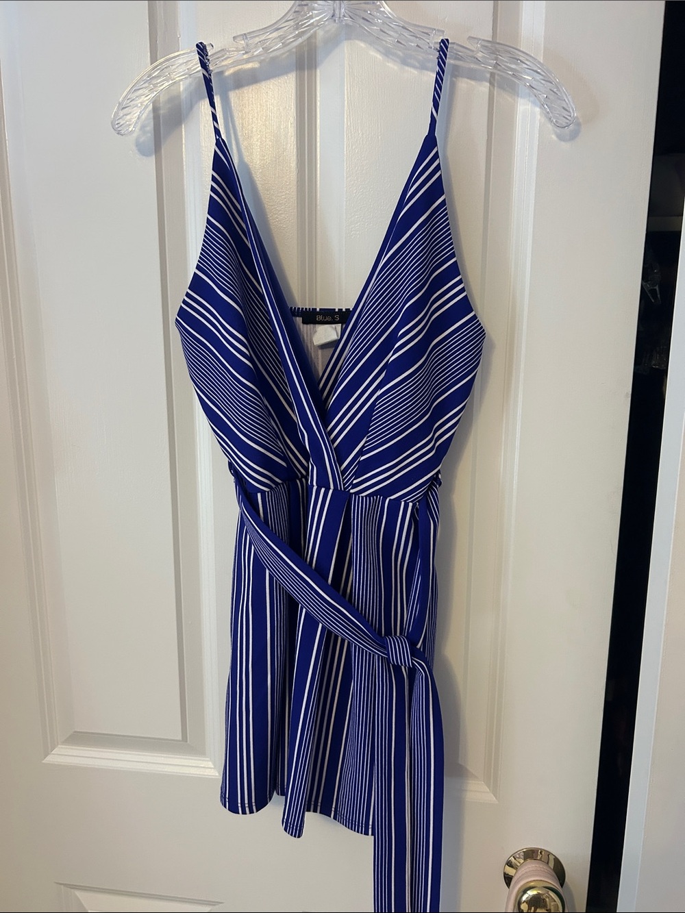 Sleeveless Blue and White Striped Wrap Romper with Self-Tie Waist